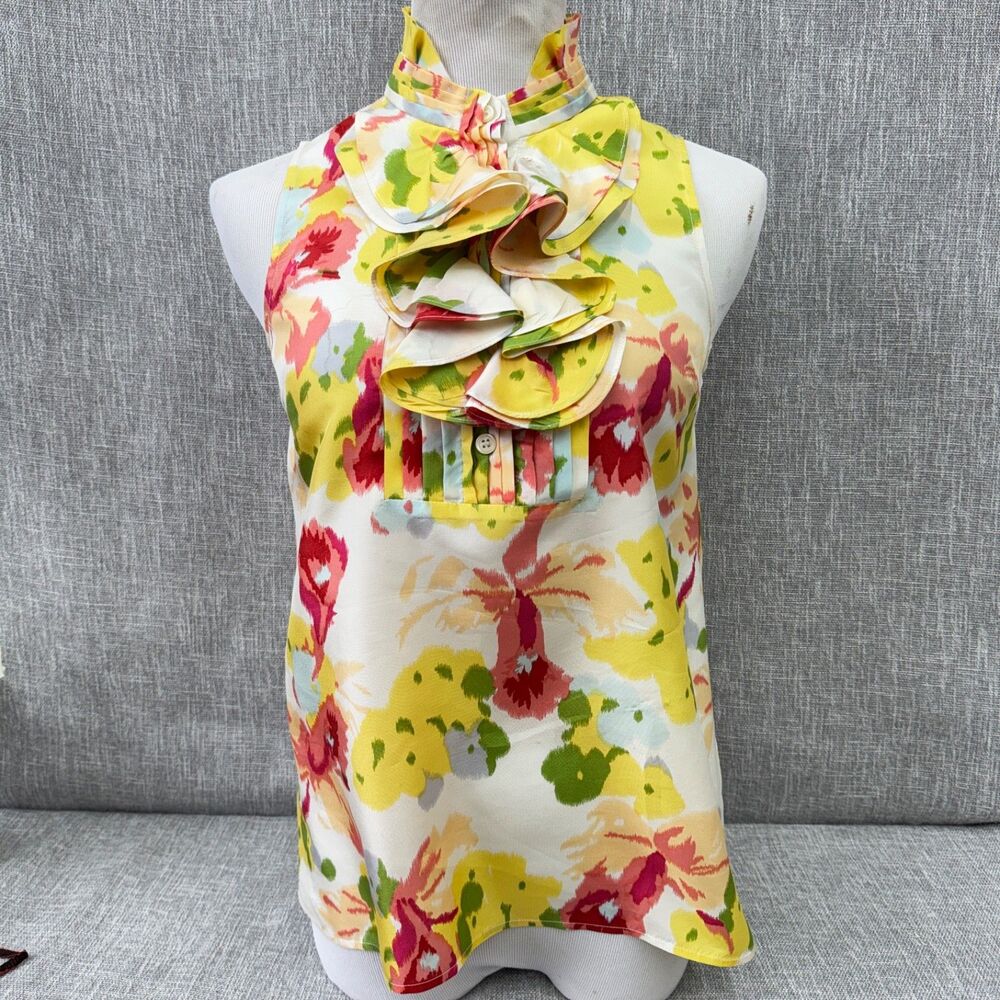 J. Crew 100% Silk Ruffle Front Blouse Watercolor Floral Sleeveless Sz 4 Top